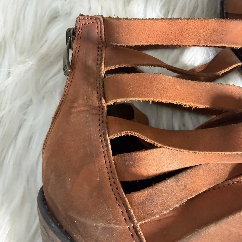 Free People Joe Tan Leather Strappy Block Heel Ankle Boots Brown Boho Zip Back